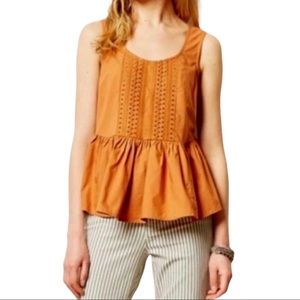 Anthropologie Vanessa Virginia Sleeveless Peplum Eyelet Blouse Burnt Org - SZ 0